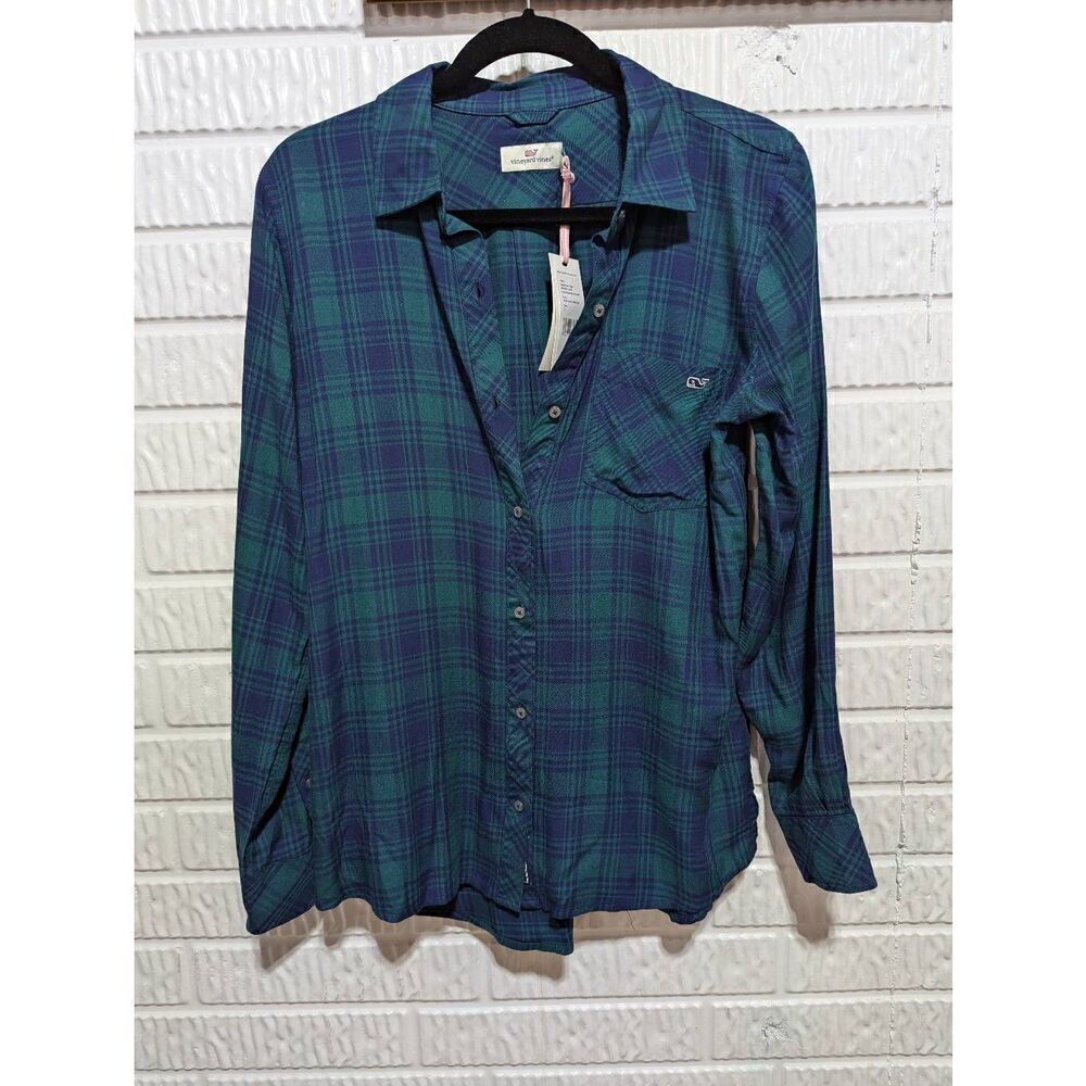 Vineyard Vines Women's Blue & Green Plaid Long-Sleeve Button Down Shirt Size 6 N